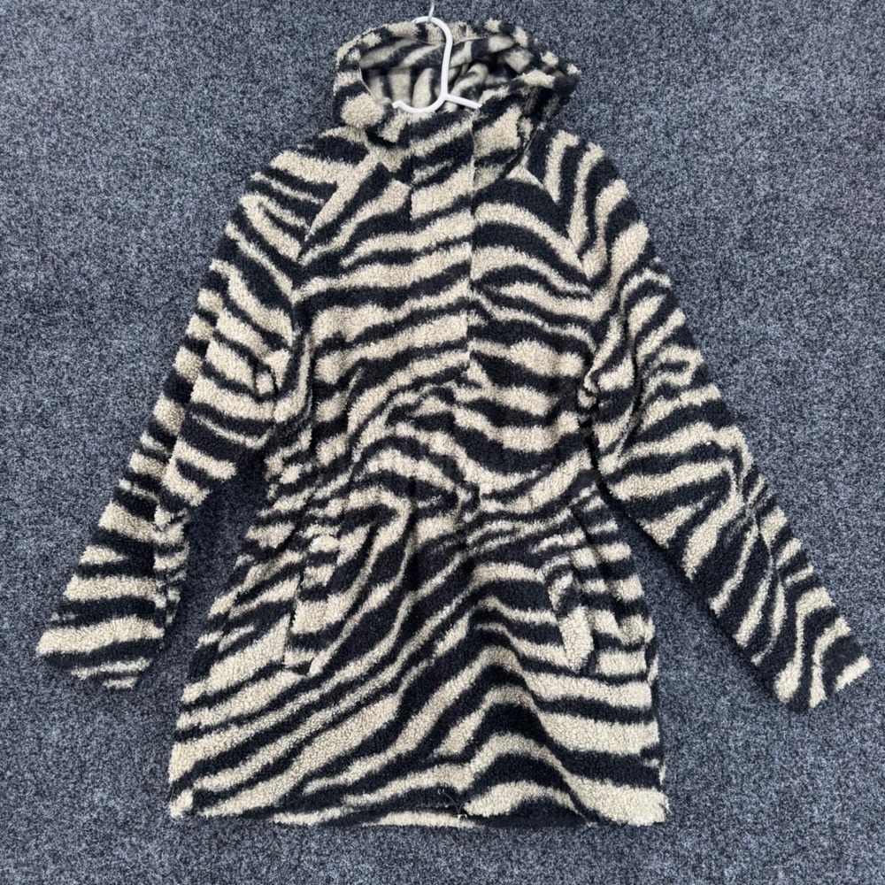 Varley Zebra Print Sherpa Fleece Hooded Jacket Black Cream Small Cinched Waist